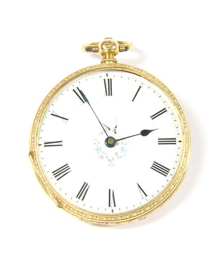 Lot 28 - A Continental gold open faced fob watch