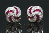Lot 518 - A pair of 18ct white gold diamond and ruby tourbillon earrings
