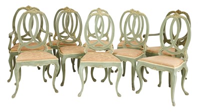 Lot 712 - A set of ten French green and cream painted dining chairs