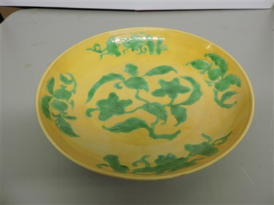 Lot 73 - A Chinese yellow ground and green enamelled plate
