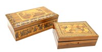 Lot 445 - A Tunbridge inlaid box with a panel of a castle