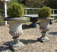 Lot 1122 - A pair of reconstituted stone campagna form urns on square plinth bases