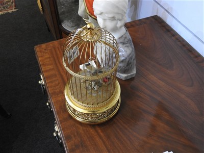 Lot - Large French Brass Bird Cage with Musical Bird