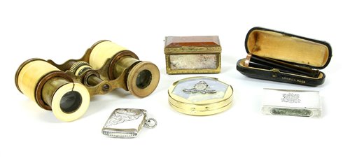 Lot 127 - A silver vesta, matchbox holder, a 9ct gold rimmed cheroot holder in case, a compact, a snuff box and opera glasses