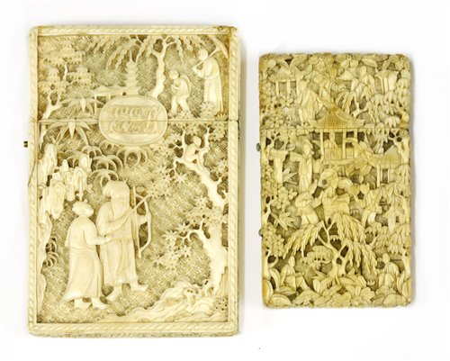 Lot 225 - Two Chinese Canton ivory card cases with swing covers