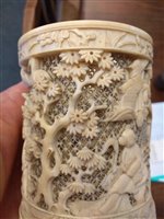 Lot 206 - A Japanese carved ivory brush pot