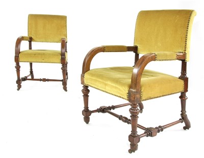 Lot 825 - A pair of Victorian walnut framed open armchairs