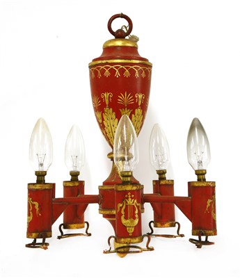 Lot 833 - A red toleware five-branch electrolier