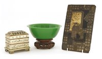 Lot 459 - A Chinese lacquered panel, a glass bowl and an incense burner