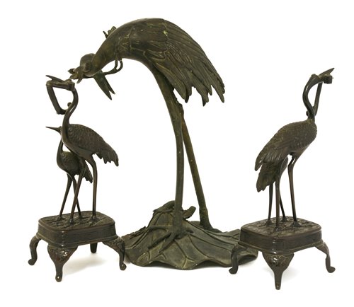 Lot 498 - Three Japanese bronze cranes