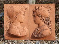 Lot 1052 - A pair of Renaissance style terracotta garden wall plaques, 46 high x 29 wide