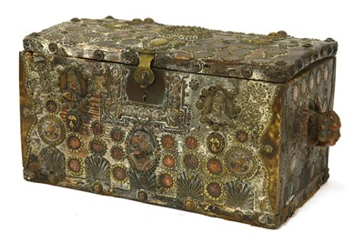 Lot 749 - An Oriental pine, leather and studded box