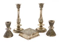 Lot 4 - Two pairs Thai silver candlesticks and a box