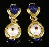Lot 325 - A pair of Italian gold ruby, pearl and synthetic sapphire drop earrings