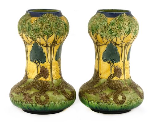 Lot 27 - A pair of Burmantofts faience vases