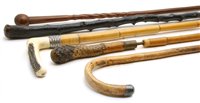 Lot 424 - A collection of walking sticks, to include lignum vitae stick with ball handle, Irish bog oak walking stick