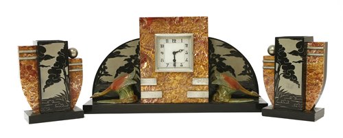 Lot 199 - An Art Deco marble mantel clock garniture