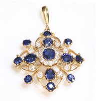 Lot 77 - A Victorian sapphire and diamond gold brooch/pendant, c.1890