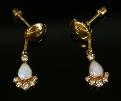 Lot 282 - A pair of 18ct gold opal and diamond drop earrings