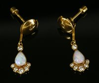 Lot 282 - A pair of 18ct gold opal and diamond drop earrings