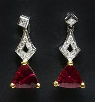 Lot 501 - A pair of 18ct yellow and white gold rubellite tourmaline and diamond drop earrings