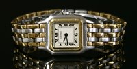 Lot 627 - A ladies' bicolour Cartier three row panther quartz bracelet watch