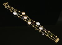 Lot 421 - An 18ct gold three row 'Paradise' gemstone and cultured freshwater pearl bracelet