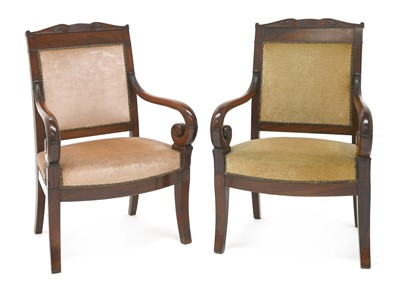 Lot 337 - A pair of French mahogany Empire elbow chairs