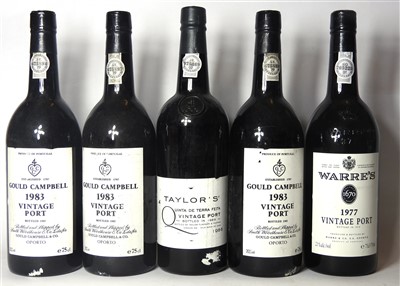 Lot 75 - Assorted Port to include : Gould Campbell 1983, Taylor's 1986, Warre's 1977,  five bottles in total