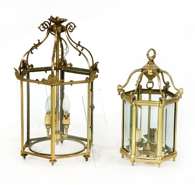 Lot 280 - A George III style brass hexagonal hall lantern