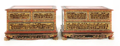 Lot 809 - A pair of Chinese red lacquered and gilt low chests