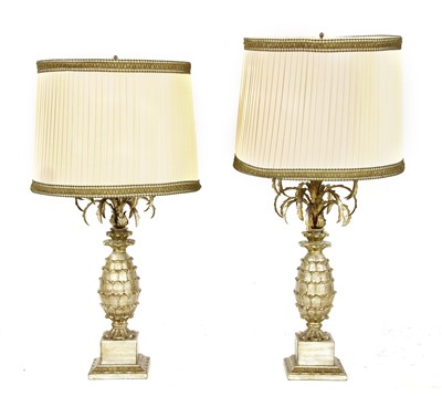 Lot 417 - A pair of silvered wood and pineapple table lamps