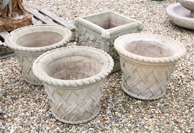 Lot 502 - Three Haddon stone cylindrical tapering planters