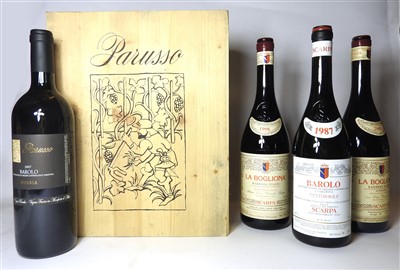 Lot 185 - Assorted Red Wine to include: Parusso, Barolo, 2007, Scarpa Barolo, and La Bogliona, total 7 bottles