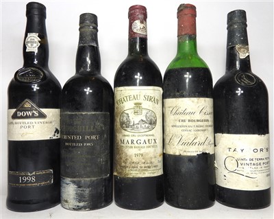 Lot 199 - Assorted Port and Wine: Taylor's 1982, Dow's 1998, Churchill's 1985 and two bottles red wine