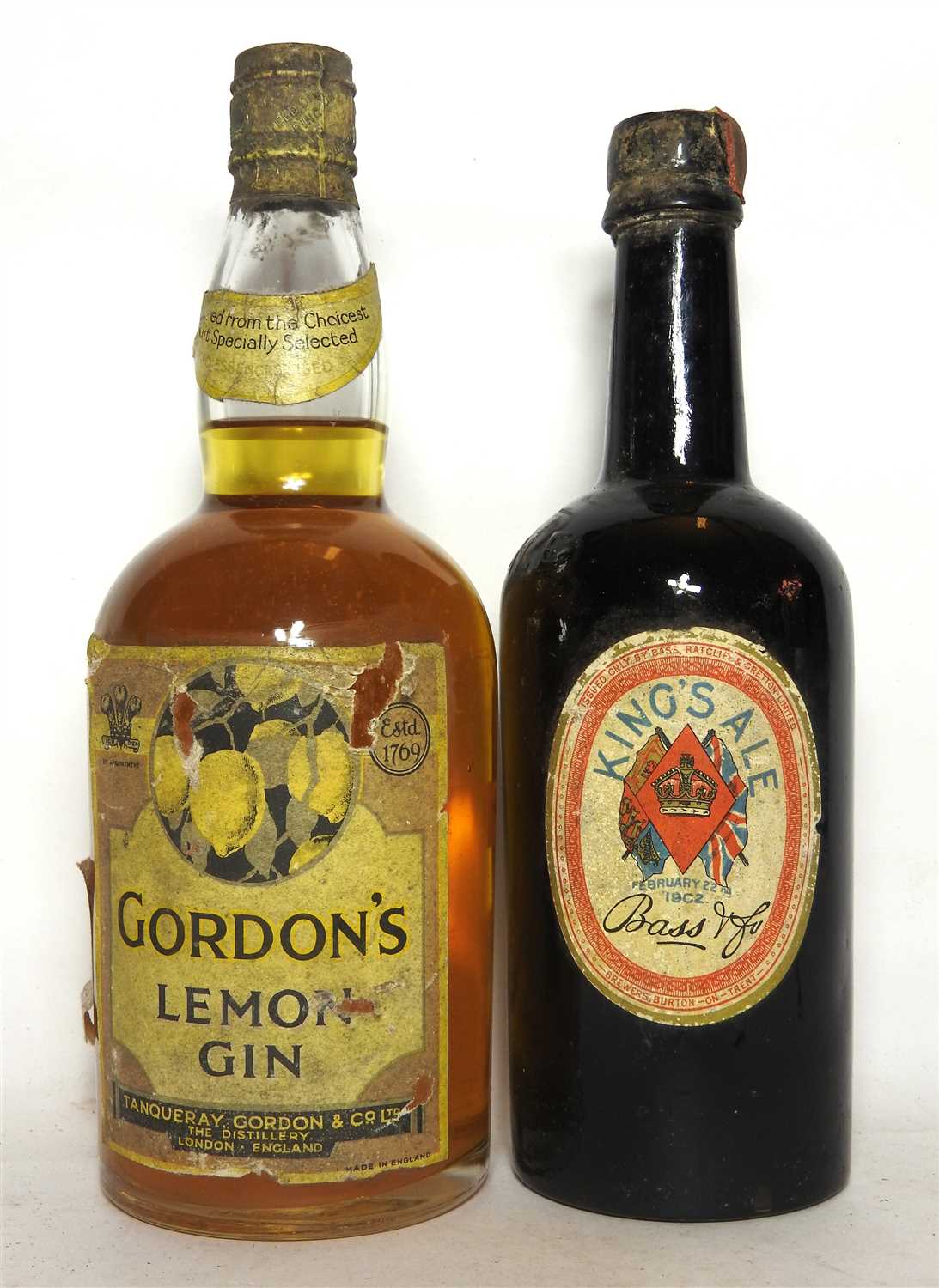 Lot 92 - Gordon's Lemon Gin, Tanqueray Gordon & Co Ltd, one bottle and Bass, King's Ale, 1902, one bottle