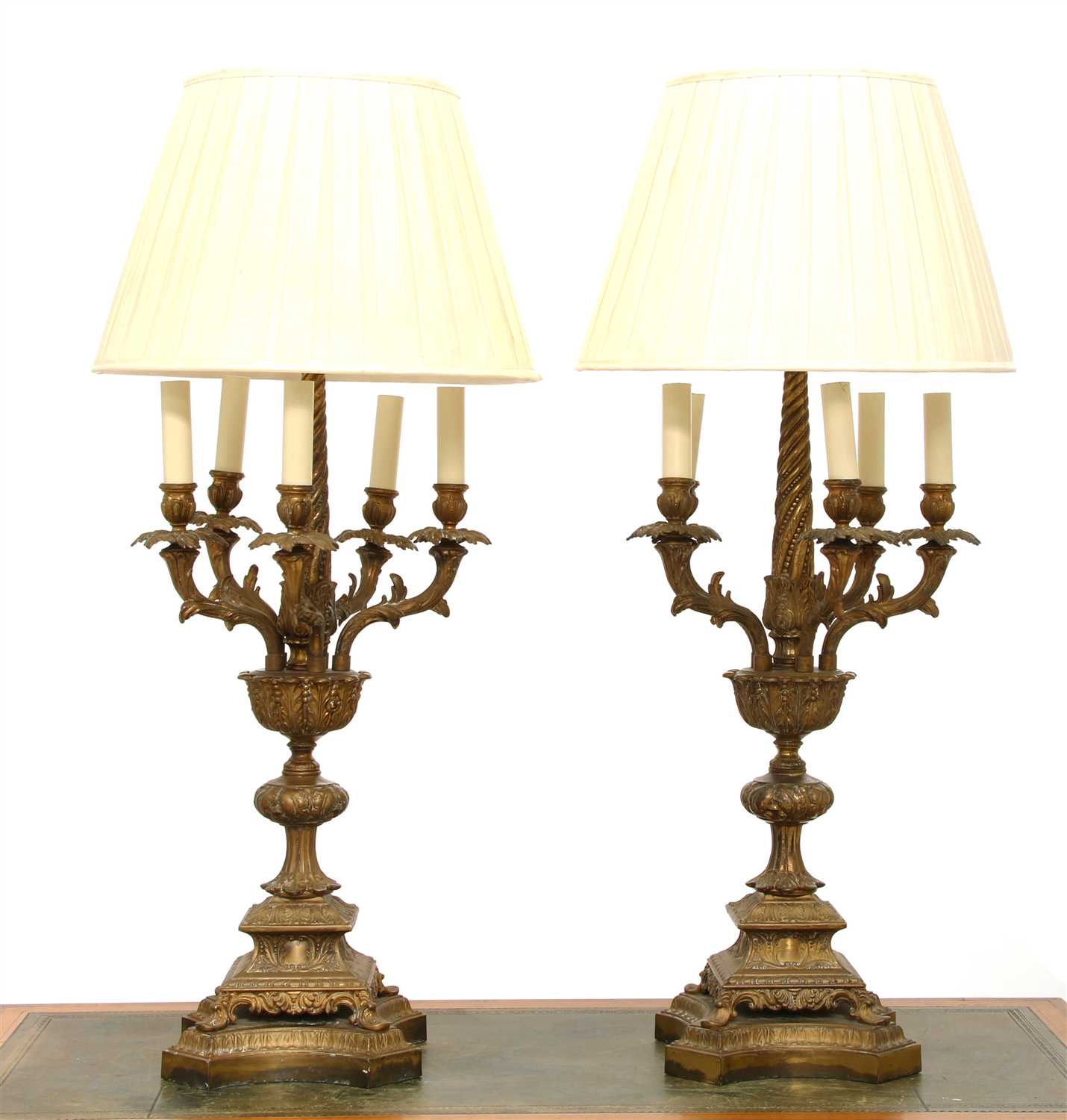 Lot 42 - A pair of brass six-light table lamps