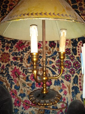 Lot 240 - A pair of brass three-light table lamps