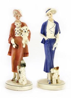 Lot 220 - Two Katzhütte figures of ladies with dogs