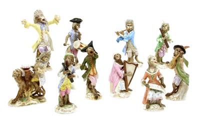Lot 105 - Seven Meissen and three Meissen style porcelain monkey band figures