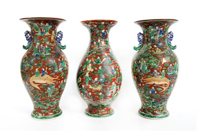 Lot 169 - A suite of three early 20th century Japanese famille verte porcelain vases