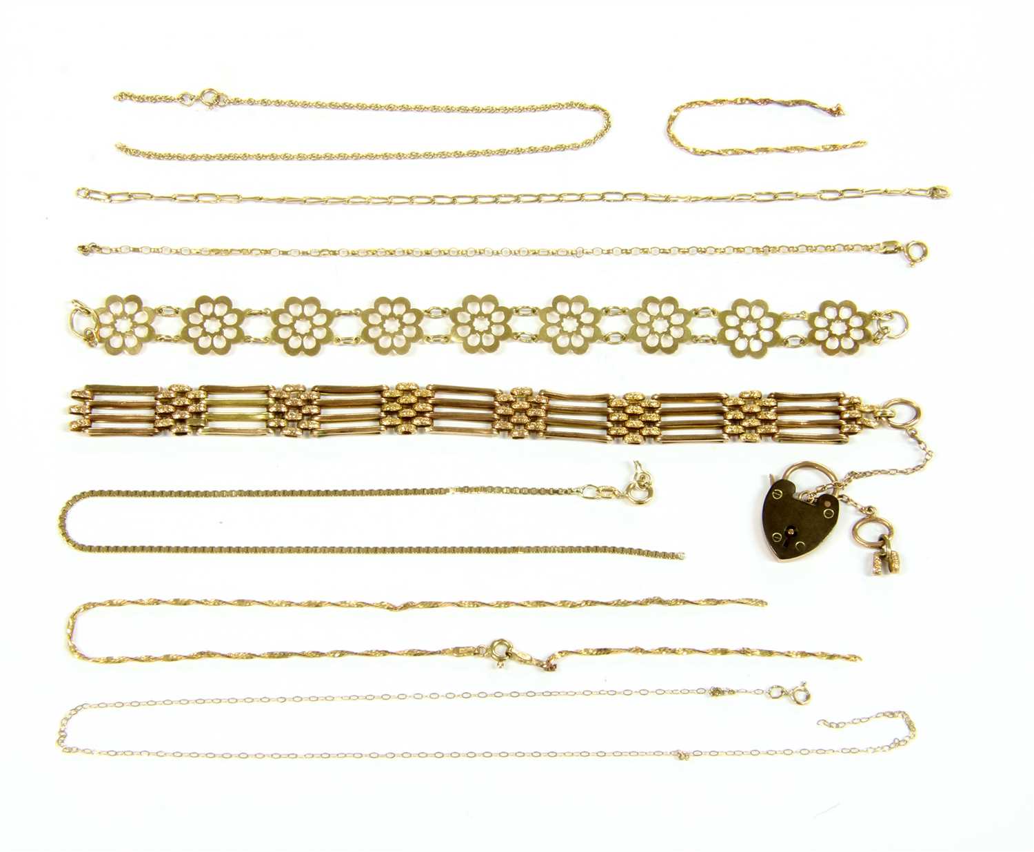Lot 25 - A collection of 9ct gold bracelets and chains