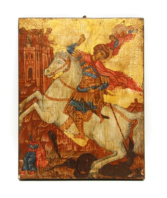 Lot 211 - A Greek icon of a hunter on horseback