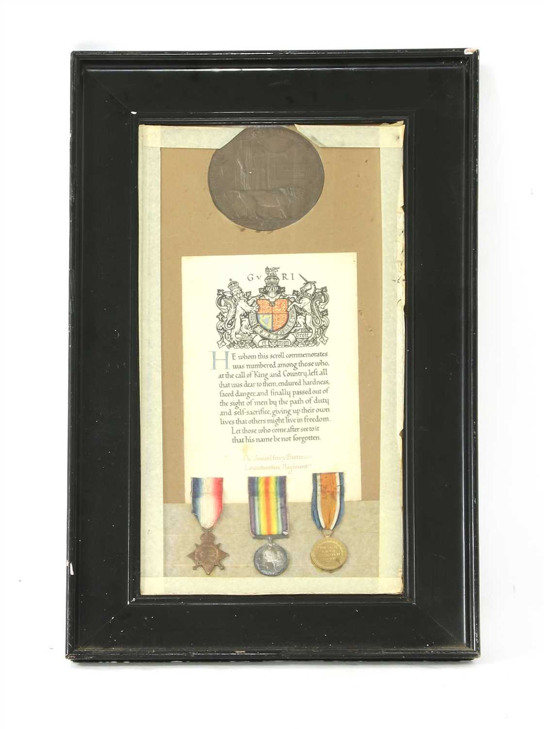 Lot 68 - A WWI casualty medal group awarded to Pte. James Henry Bester of the Leicestershire Regiment