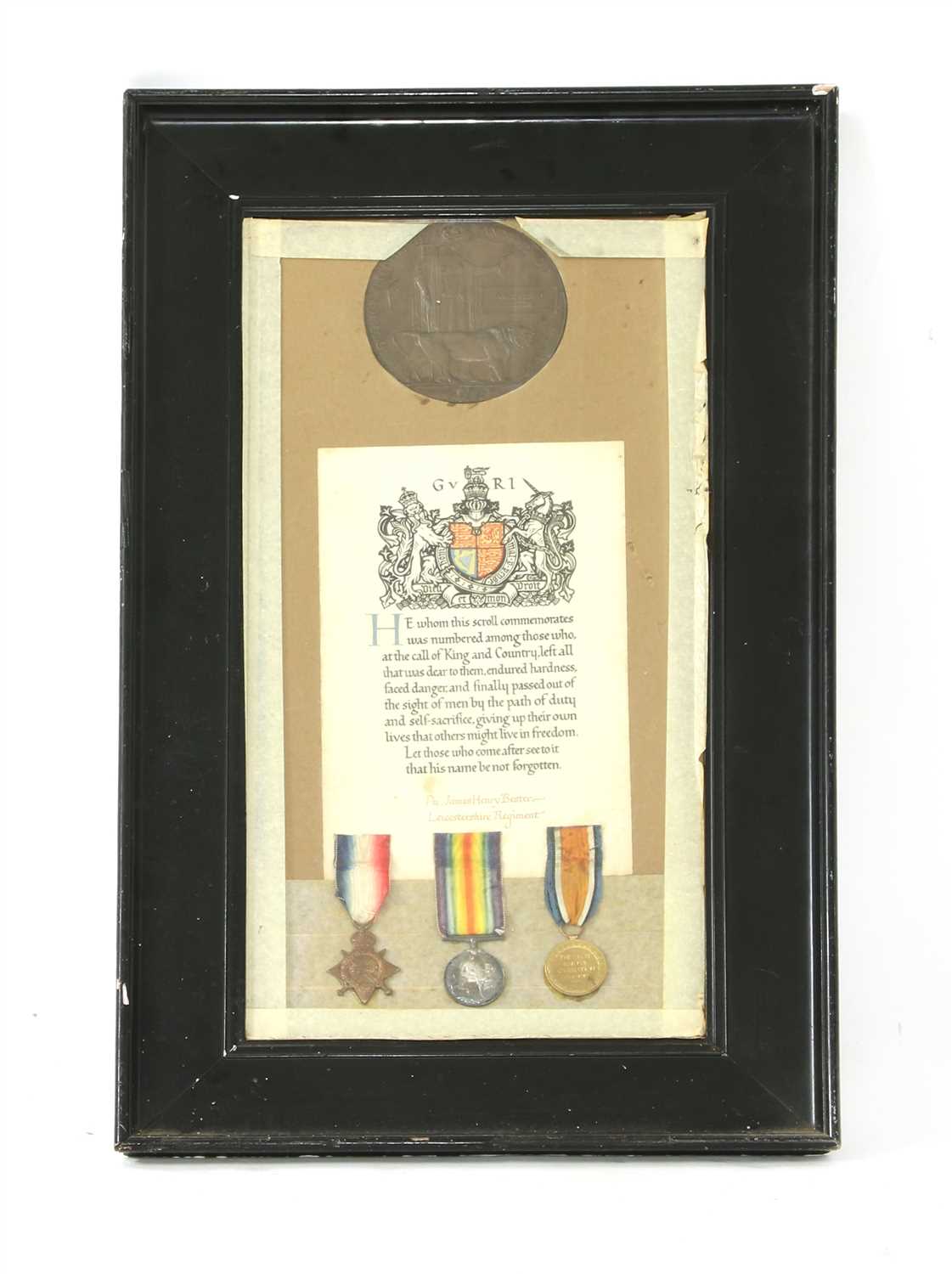 Lot 68 - A WWI casualty medal group awarded to Pte. James Henry Bester of the Leicestershire Regiment
