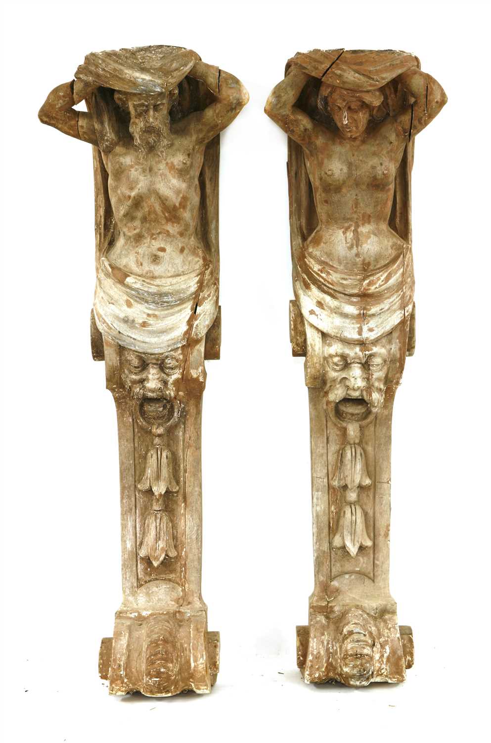 Lot 367 - A pair of carved wood caryatid brackets
