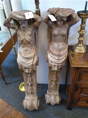 Lot 367 - A pair of carved wood caryatid brackets