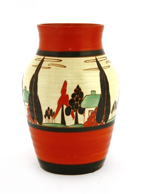 Lot 129 - A Clarice Cliff 'Red Trees and House' Isis vase
