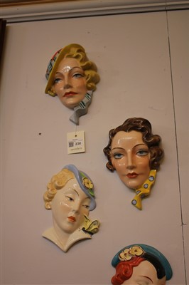 Lot 230 - Six Art Deco Czechoslovakian pottery wall masks