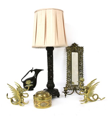 Lot 300 - Brassware and lamp  comprising a pair of brass dragon candlesticks